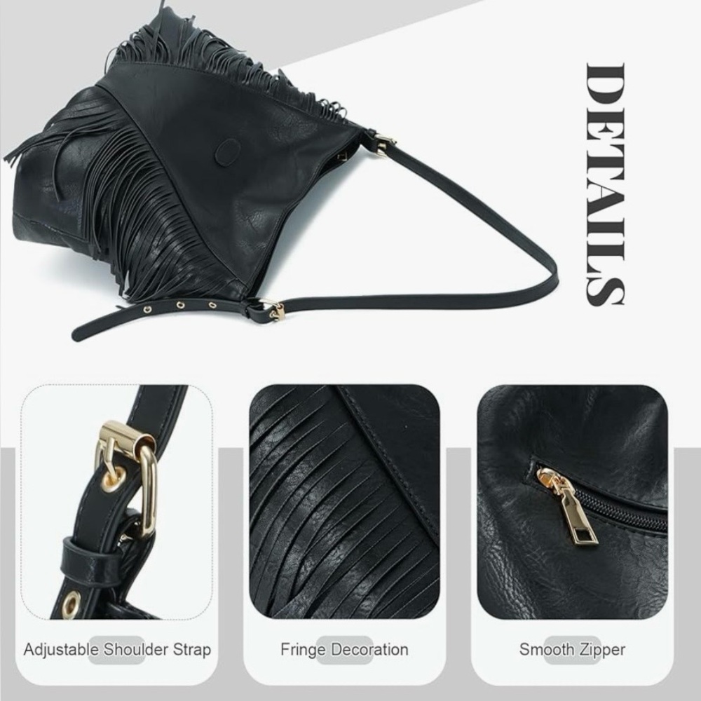 Lui Sui Vegan Leather Black Crossbody With Fringe Large Purse Bag - Picture 4 of 6